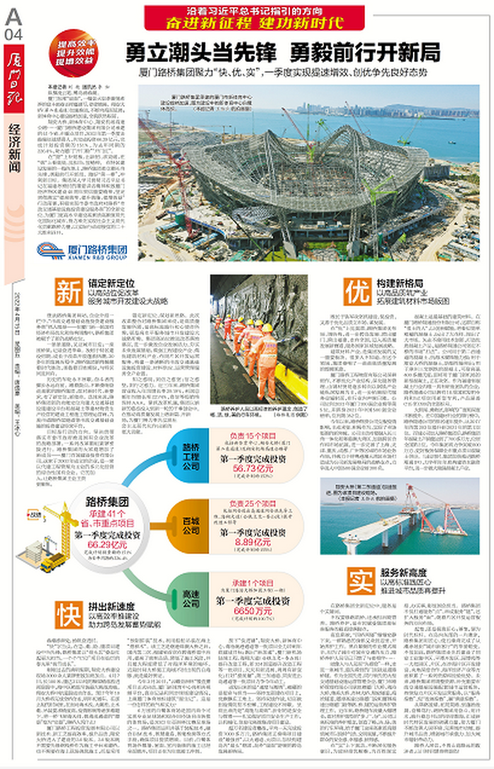 20220415【黨辦】廈門(mén)日?qǐng)?bào)：勇立潮頭當(dāng)先鋒  勇毅前行開(kāi)新局—— 廈門(mén)路橋集團(tuán)聚力“快、優(yōu)、實(shí)”，一季度實(shí)現(xiàn)提速增效、創(chuàng)優(yōu)爭(zhēng)先良好態(tài)勢(shì)_調(diào)整大小.png